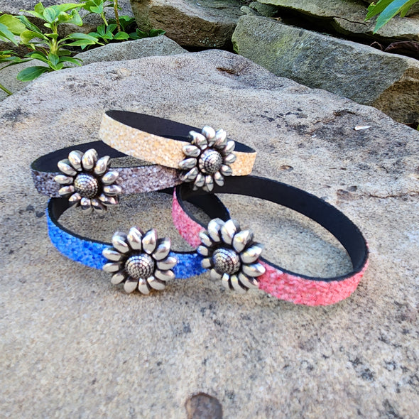 leather cuff - heart feather sunflower