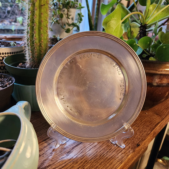stamped silver plate dish - slow down