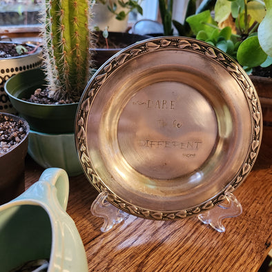 stamped silver plate dish - dare to be different