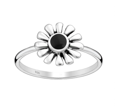 black stone center flower sterling ring - r133