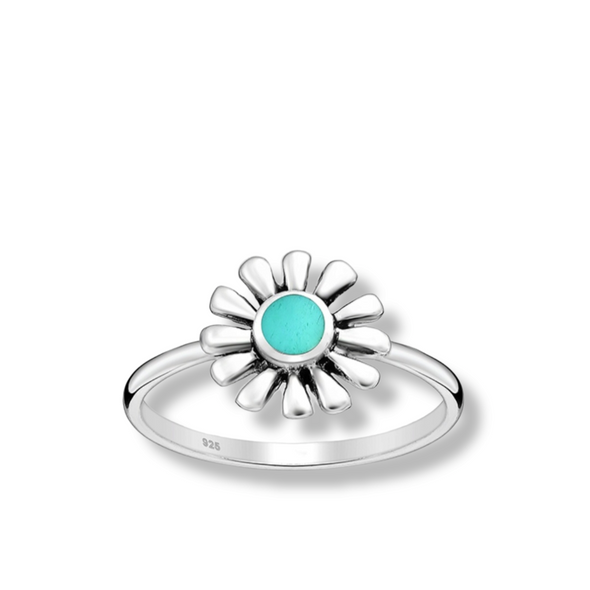 turquoise center flower sterling ring - r121