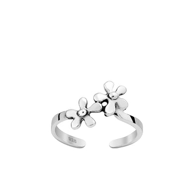 double flower floral silver toe ring